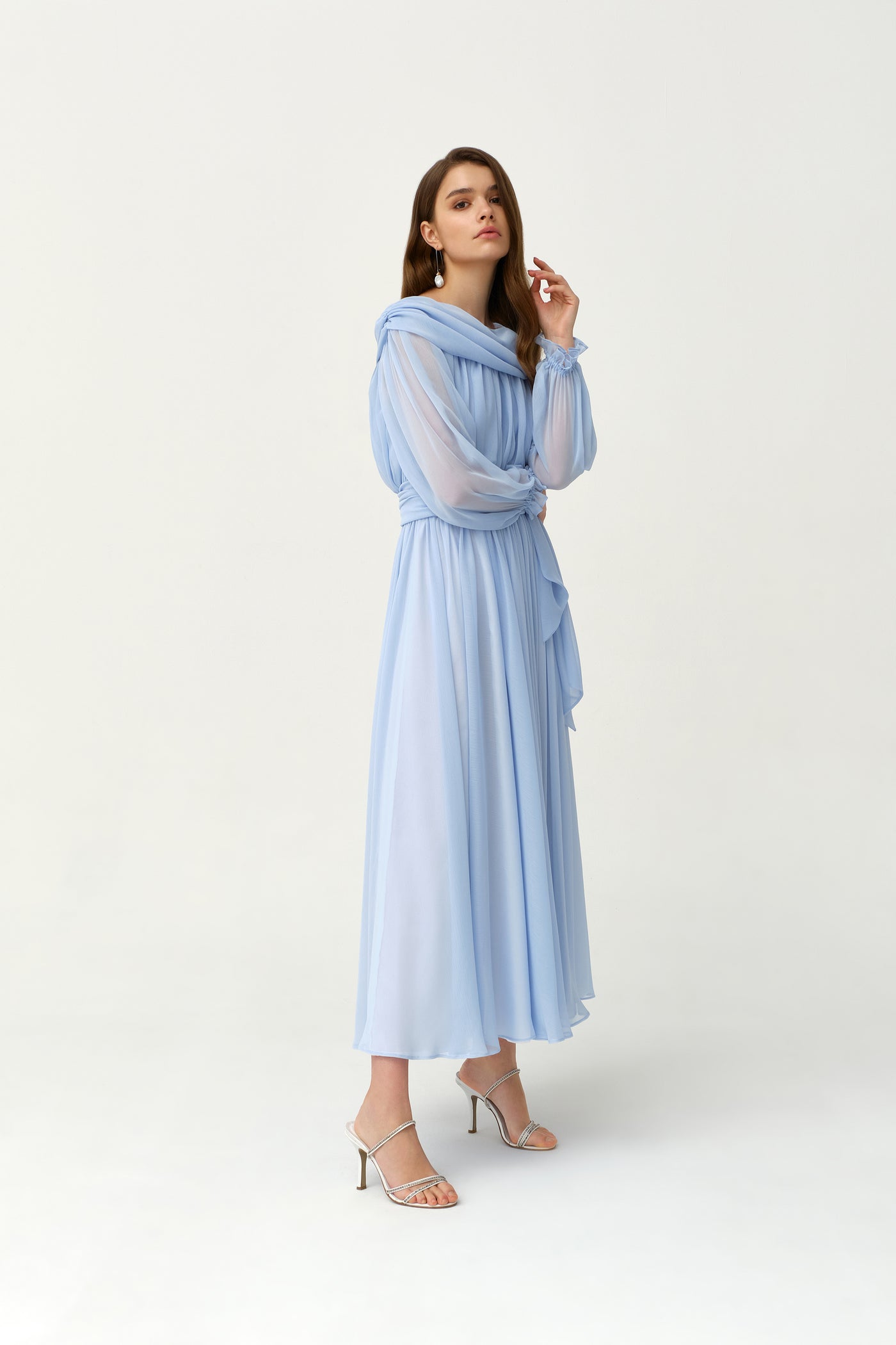 Light Blue Chiffon Long Fancy Pleated Kaftan By Dulce Couture