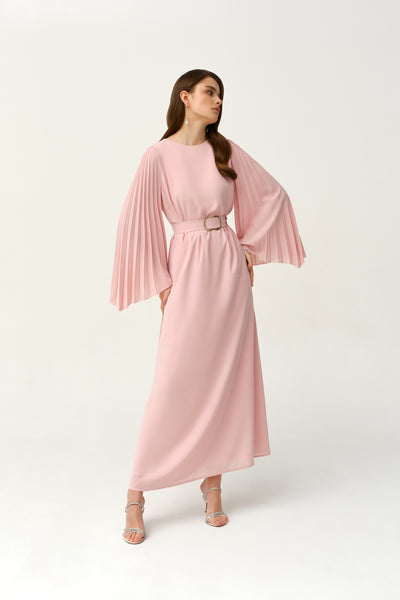 Crepe Light Pink Pleated Sleeves Tie-waist Kaftan by Dulce Couture