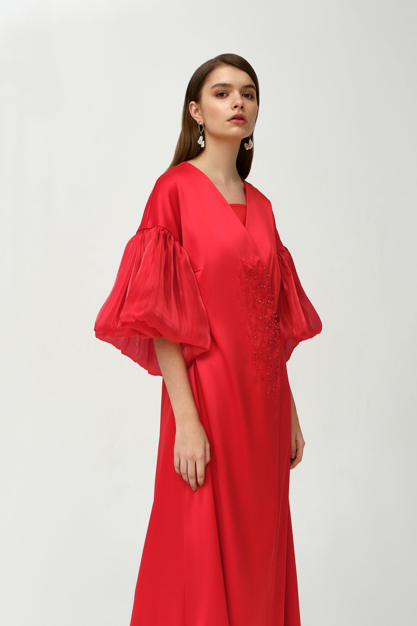 Royal Taffeta With Organza Light Red Fancy Kaftan by Dulce Couture