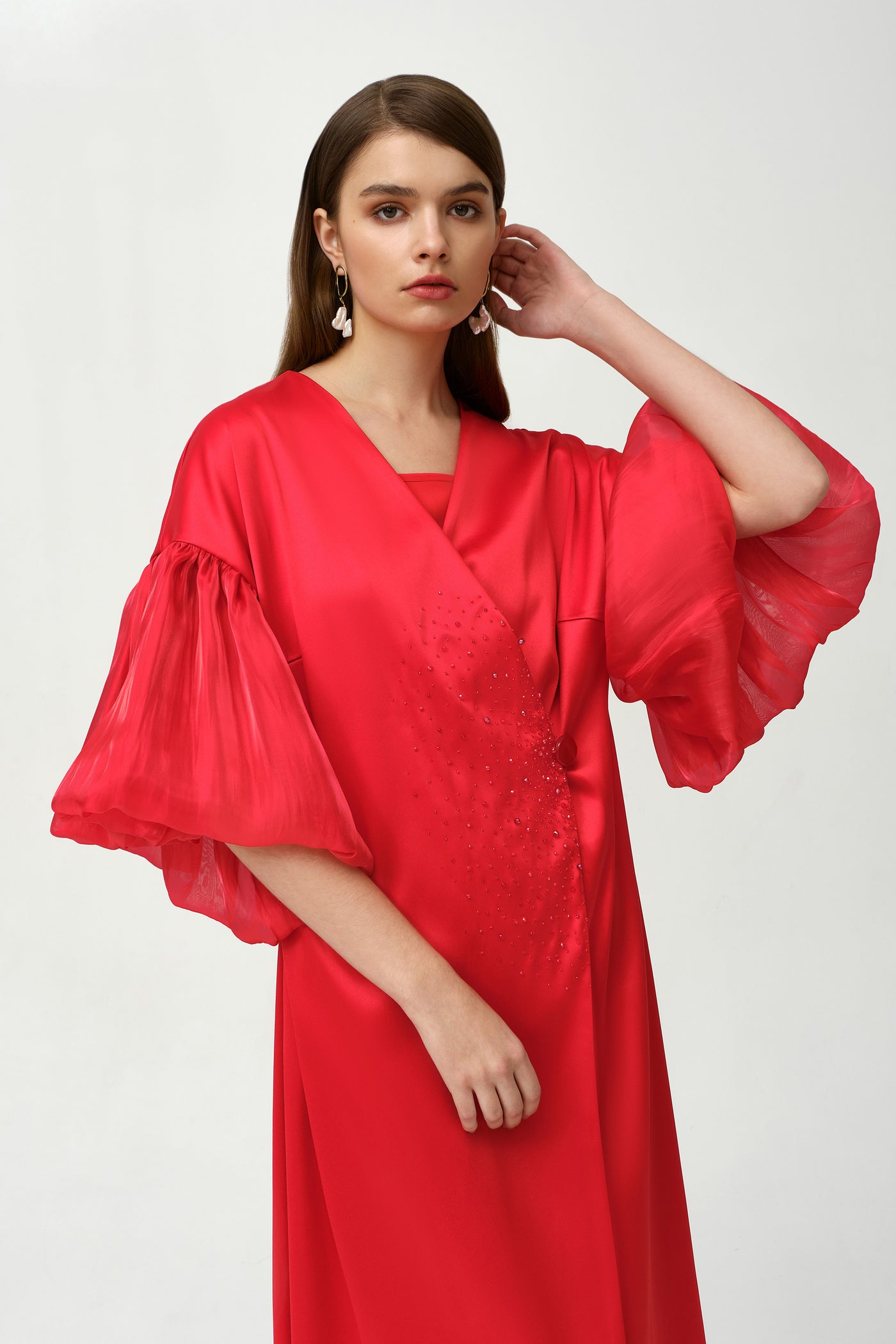 Royal Taffeta With Organza Light Red Fancy Kaftan by Dulce Couture