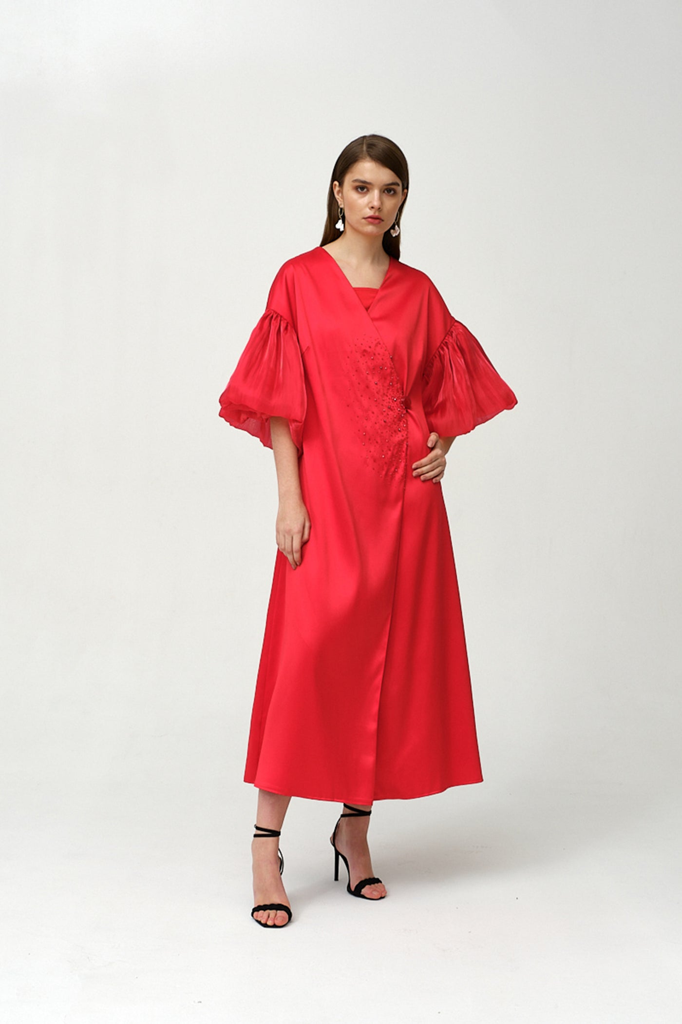 Royal Taffeta With Organza Light Red Fancy Kaftan by Dulce Couture