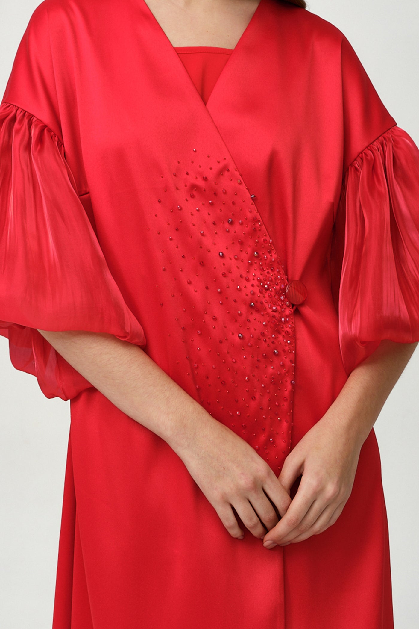 Royal Taffeta With Organza Light Red Fancy Kaftan by Dulce Couture