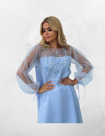 Blue Tulle Crepe Embroidery Women's Kaftan by Dulce Couture