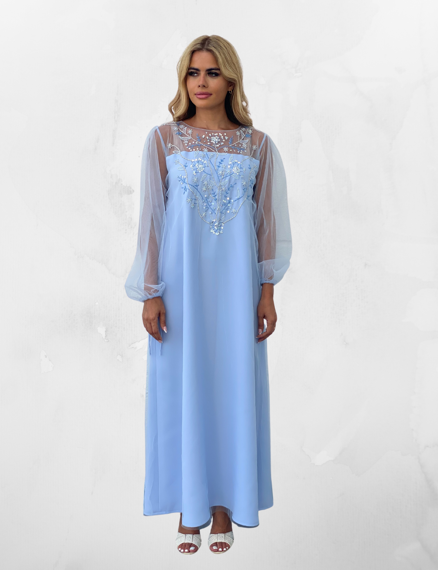 Blue Tulle Crepe Embroidery Women's Kaftan by Dulce Couture