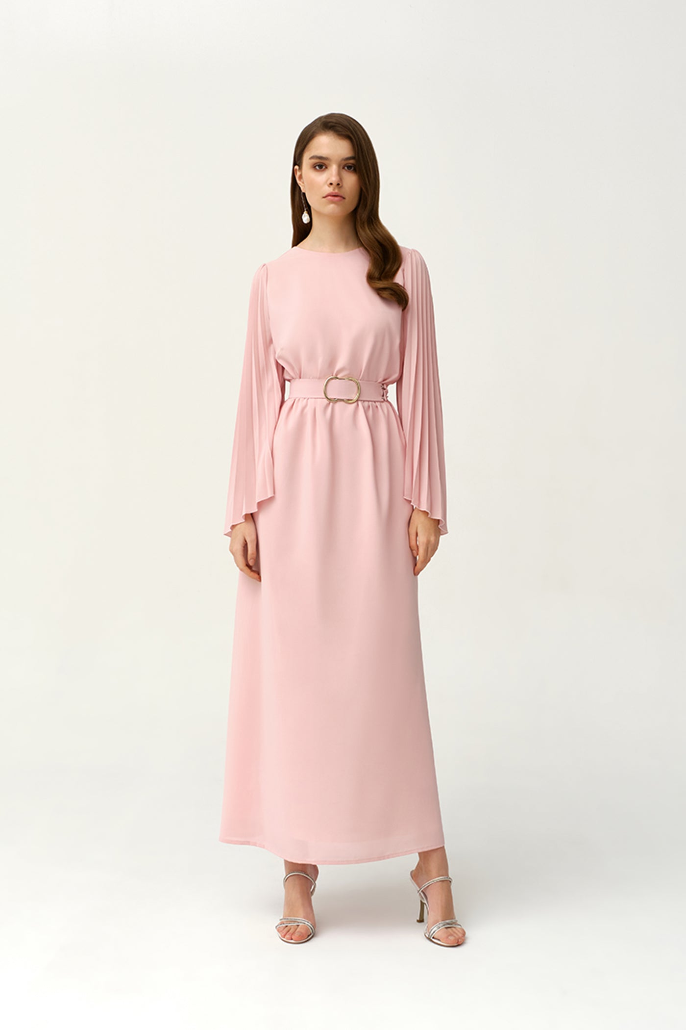 Crepe Light Pink Pleated Sleeves Tie-waist Kaftan by Dulce Couture