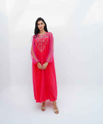 Pink Tulle & Red Crepe Embroidery Kaftan by Dulce Couture