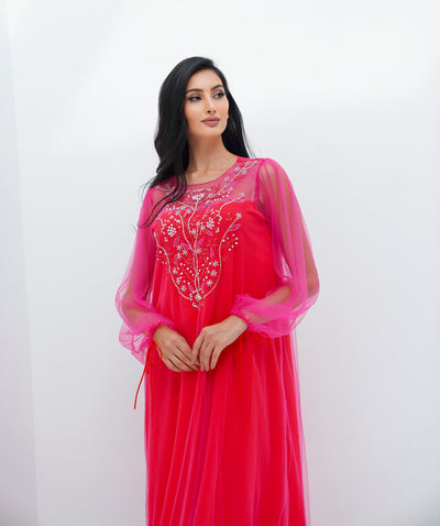 Pink Tulle & Red Crepe Embroidery Kaftan by Dulce Couture