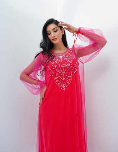 Pink Tulle & Red Crepe Embroidery Kaftan by Dulce Couture