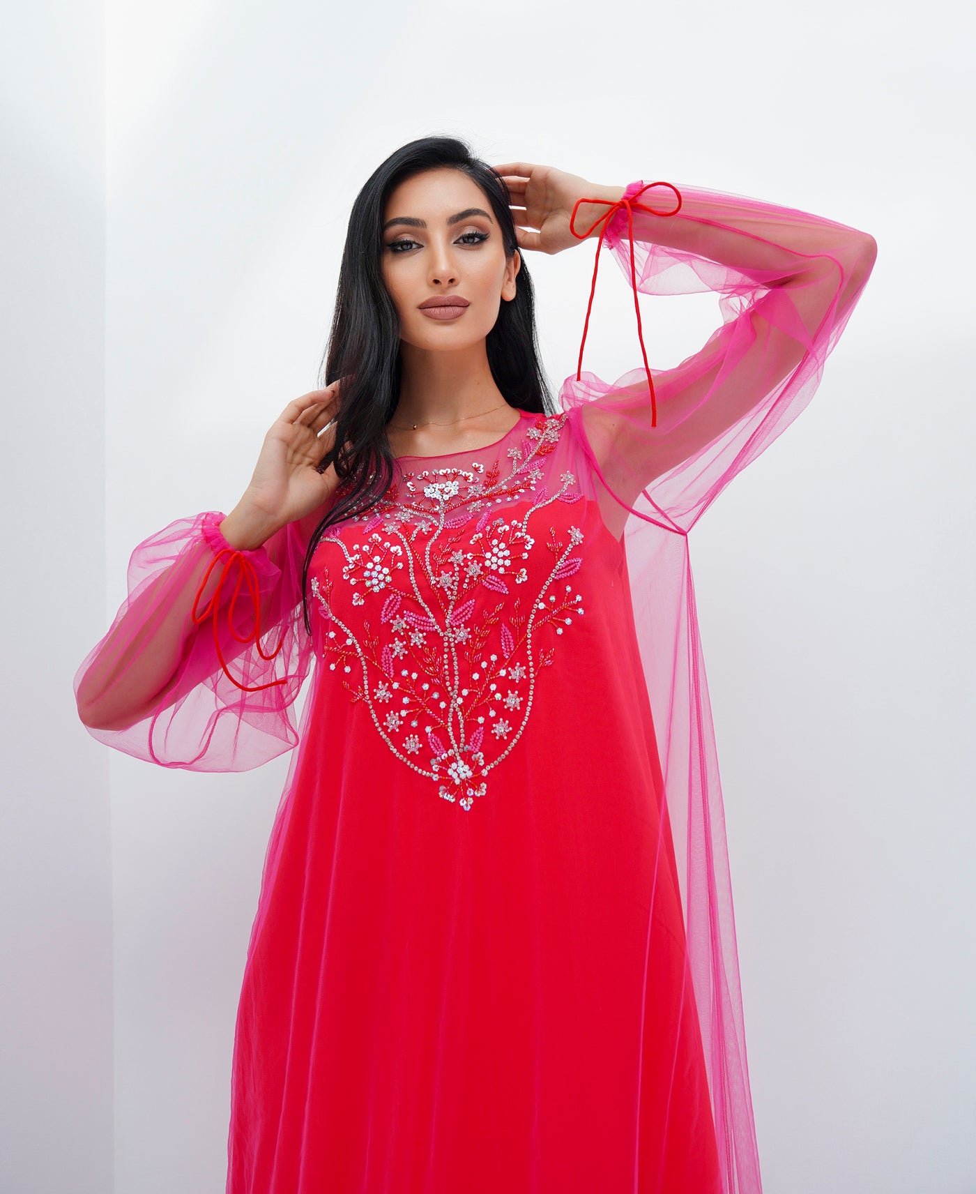 Pink Tulle & Red Crepe Embroidery Kaftan by Dulce Couture