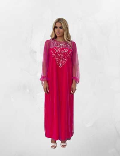 Pink Tulle & Red Crepe Embroidery Kaftan by Dulce Couture